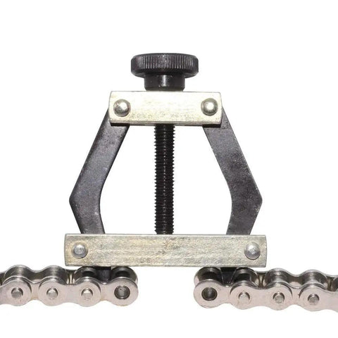 Roller Chain Connecting Puller Holder for Motorcycle Bicycle Go Kart ATV Chains Replacement, easy tension tool showing metal build with chain