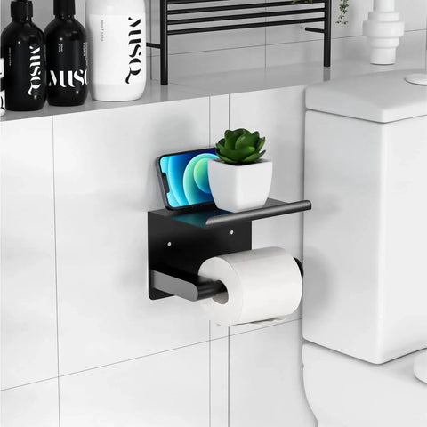 Matte Black Toilet Paper Holder With Shelf Fits Mega Rolls Self Adhesive Wall Mount Rustproof Stainless Steel for bathroom