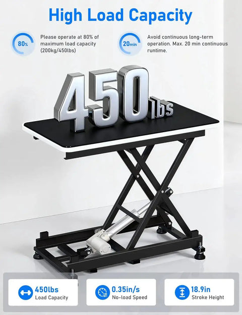 Electric Scissor Lift Table 440Lb Height Adjustable With Remote WiFi displaying 450 lbs capacity on platform.