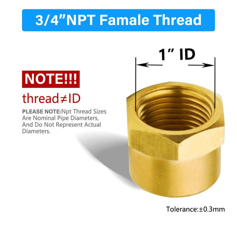 Brass 3/4 in NPT female pipe cap, hex head for terminating 3/4 in NPT male fittings