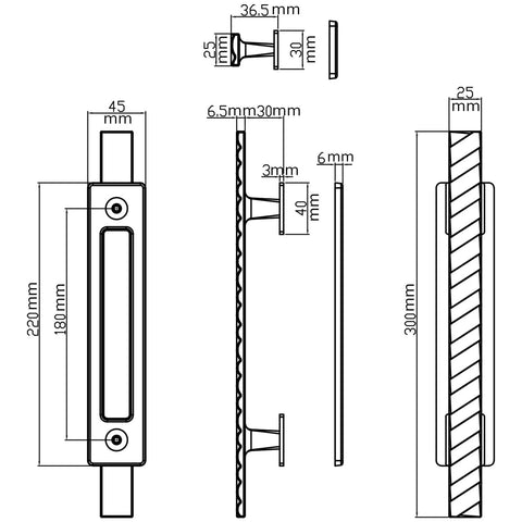 Technical drawing of Solid Brass Sliding Barn Door Handles Set, dimensions annotated, ergonomic chamfered edge detail shown
