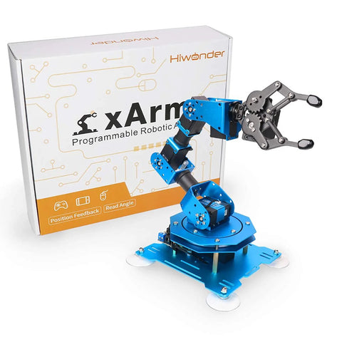 Hiwonder xArm 6DOF robotic arm kit, blue metal arm on a rotating base with a claw gripper, packaging box in background