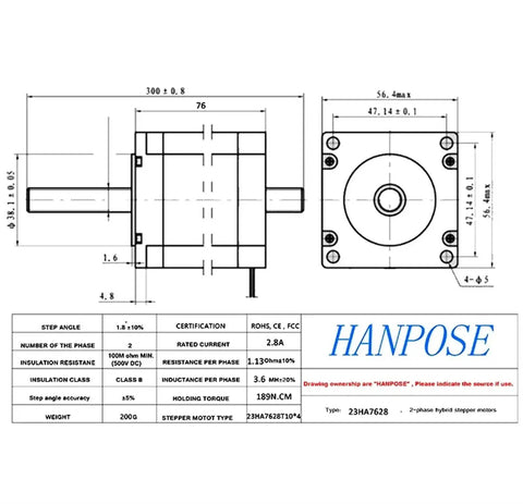 Screw motor HANPOSE with lead screw, NEMA23, 200 mm lead screw; front and side technical drawings.
