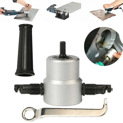Two Head Sheet Metal Nibbler Cutter Built Tough 360 Degree Nibbler Drill Attachment shown with handle and wrench, ideal for aluminum and steel.