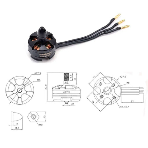 MT2204 2300KV Brushless Motor For RC QAV210 250 280 FPV Racing Drones 2-3S With Gold Plated 2mm Bullet Plugs CW CCW Prop Adapters Included Balanced Performance 4 Pack, diagram view