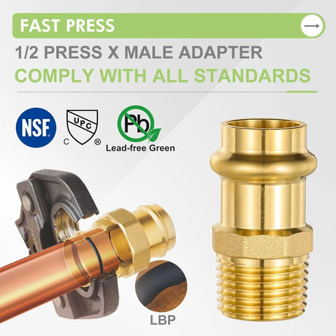 10-pack brass ProPress fittings; 1/2" ProPress x 1/2" MNPT male adapter for copper to NPT pipes, lead-free.