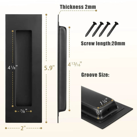Dimensions of 4 Pack 5.9 Inch Recessed Closet Door Pulls 304 Stainless Steel With Matte Black Finish including thickness and screw size