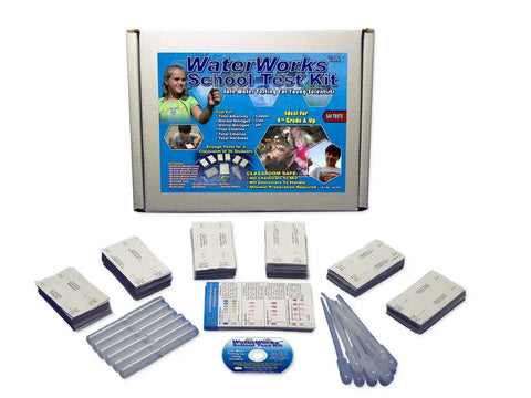 WaterWorks School Test Kit by Amazon for classroom use; stacks of test cards, droppers, and a CD.