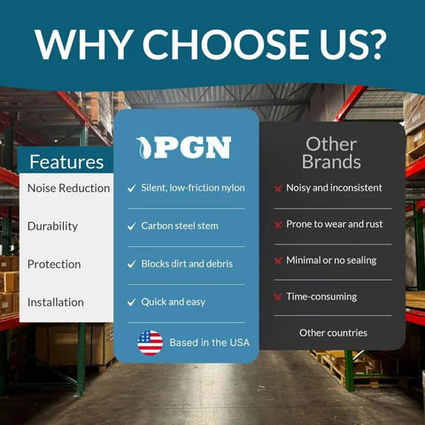 Comparison of PGN garage door rollers and other brands featuring noise reduction, durability, protection, installation benefits.