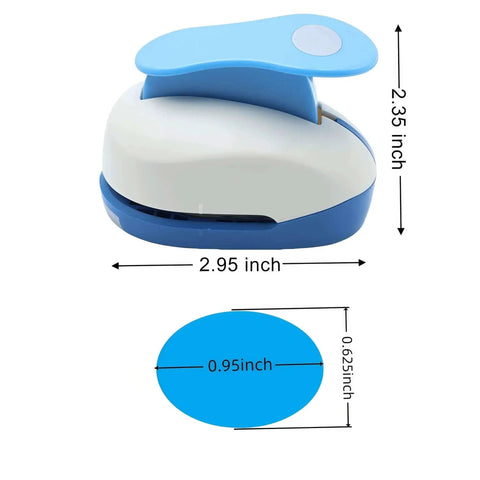 1 Inch Oval Lever Punch For Crafting And Scrapbooking Handheld Paper Punch with blue and white candy color finish and dimensions.
