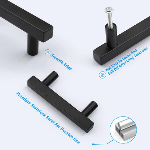 10 Pack Square Cabinet Pulls Two And A Half Inch Matte Black T Bar Dresser Drawer Pulls For Kitchen Cabinets Wardrobe Bedroom Closet With Stainless Steel