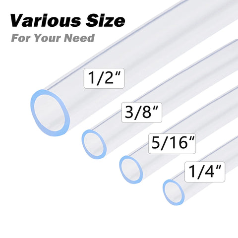 Clear vinyl tubing set of four with diameters 1/4, 5/16, 3/8, 1/2 in and blue end rings