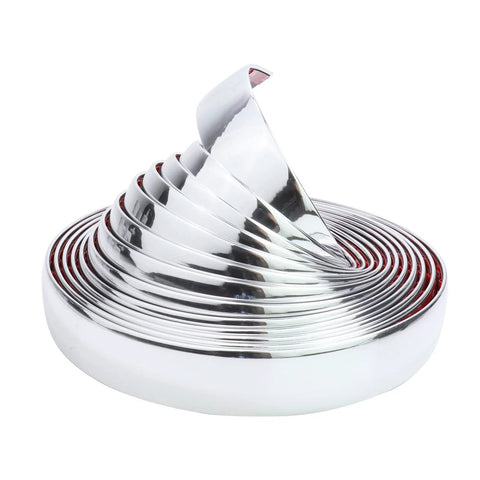 Coiled 16Ft Chrome Car Trim Molding 1 Inch Self Adhesive UV Protected Scratch Resistant with red backing visible