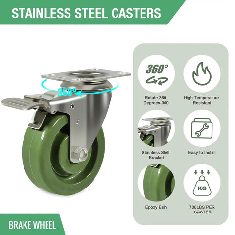 Stainless Steel Caster Set 4 Pack 4X1.5 Inch Beefy Hi Temperature Wheels For Oven Racks with Total Lock Brake System