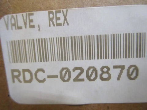 Barcode labeled 'VALVE, REX' and 'RDC-020870' on cardboard packaging for the directional control DB15G252/350 single unit 00730196.