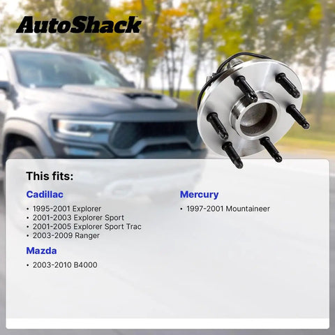 Front Wheel Hub Bearing Assemblies With ABS For Ford Ranger 2003 2009 Mazda B4000 2003 2010 Explorer 1995 2001 Mercury Mountaineer 1997 2001 Left And Right 2 Piece Set Plug And Play Sealed Design For Quiet Smooth Rotation OEM Quality Replacement featured against a blurred car background.