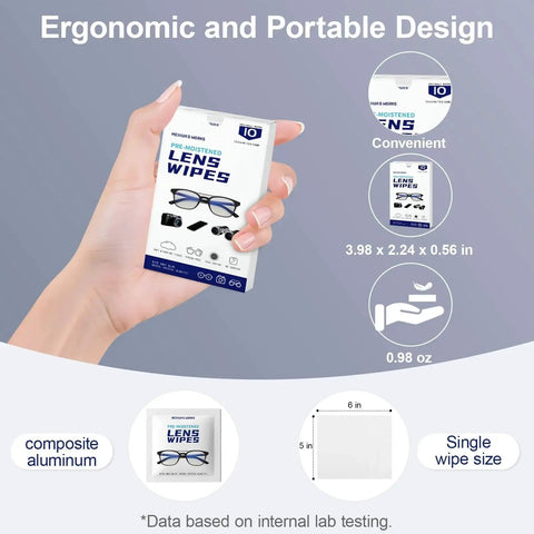 Hand holding Pre Moistened Lens Cleaning Wipes Ammonia Free Scratch Free 120 Count packaging with size details and ergonomic design.