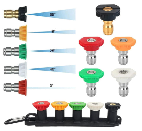 Pressure Washer Nozzle Tip Set With Five Angles For 4500 PSI And 2.5 GPM One Quarter Inch Quick Connect Includes 0 Degree Red Stainless Steel Tip 15 Degree Yellow 25 Degree Green 40 Degree White And Brass Soap Nozzle At 65 Degree