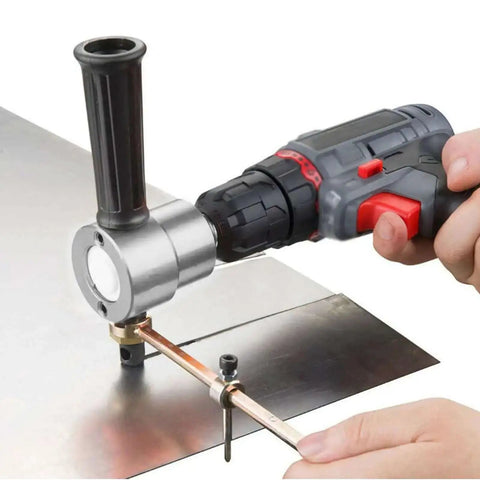 Double Head Sheet Metal Cutter Drill Attachment With 360 Degree Rotating Heavy Duty Nibbler in use on metal sheet