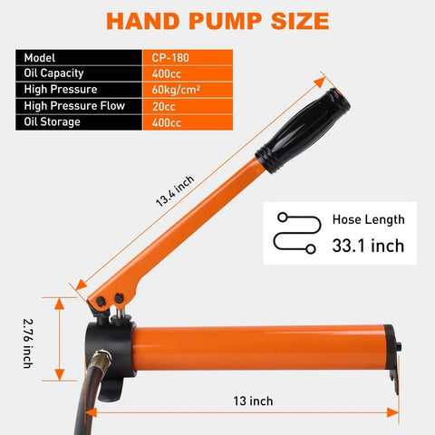 Orange manual pump for 20 Ton Hydraulic Porta Power Kit With Manual Pump 2 Inch Stroke Orange, showing dimensions and specs.