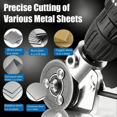 Turn Any Drill Into A Pro Sheet Metal Cutter With This Nibbler Kit attached to drill, shows cutting various metal sheets with precision.