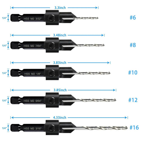 Image showing All In One Countersink Drill Bit Set For Woodworking With Depth Adjustable 82 Degree Chamfer 3 In 1 Counterbore Bits