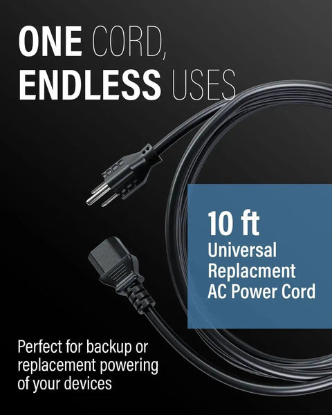 10 Foot Shielded Replacement AC Power Cord NEMA 5 15P To IEC 320C13 Cable for Electronics TV Computer Printer and Monitor on display