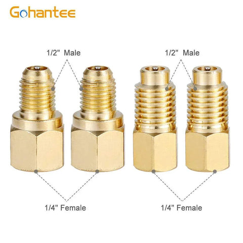 Pro Grade R1234yf Quick Coupler Adapters for AC Diagnostics and Charging, brass high and low side connectors, steam core remover
