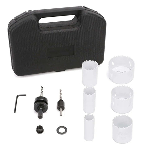Bi-Metal Hole Saw Kit 9-Piece With Carrying Case, High Speed HSS Cutters From 0.78 Inch To 2.69 Inch, arranged in front of case