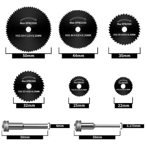 Rotary Tool Cutting Wheel Set With Diamond And Resin Cut Off Discs shown in 7 blade sizes for DIY projects