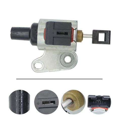 CVT transmission stepper motor with mounting bracket; gray metal body, black plug connector, brass bushing.
