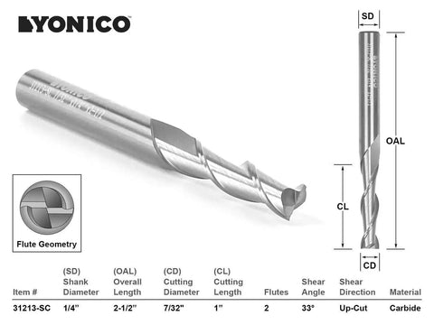 Upcut Spiral Router Bit With Two Flutes Solid Carbide CNC End Mill For Standard Milling Dadoing And Boring On CNC Routers, 7/32" Diameter, 1/4" Shank.