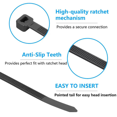 Close-up of Heavy Duty 100 Pack 18 Inch Black Zip Ties With 75Lbs Tensile Strength Self Locking UV Resistant Cable Ties features.