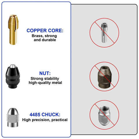 Drill Chuck Collet Set 15 Piece Kit With Brass Quick Change Nut For 1/32 To 1/8 Inch Shanks Replacement Keyless Chuck features