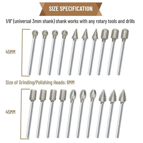 Pro Grade Diamond Burrs For Stone Carving And Engraving, Polishing Rotary Tool Accessories With One Eighth Inch Shank set shown
