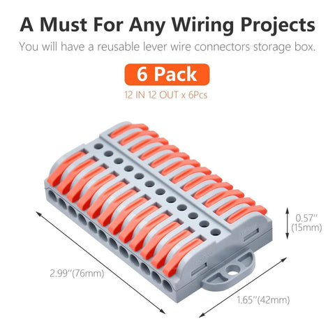 Six Pack Lever Wire Connectors Kit, 12-Position Terminal Strip for Inline Circuits, Quick Wire In With 24-12 AWG Conductors