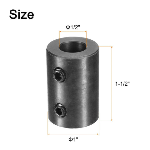 Shaft coupling, 1/2 in bore, 1 in OD, 1-1/2 in long, black oxide steel, rigid motor wheel coupler with two set screws
