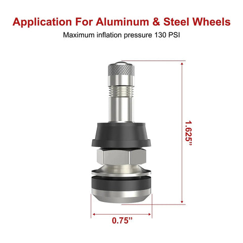Close-up view of a metal tire valve stem for aluminum and steel wheels, 1.625 inch length, 0.75 inch width, max pressure 130 PSI.