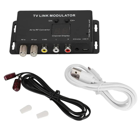 Compact AV to RF Modulator with Adjustable Audio Level cables and manual