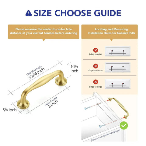 Size guide for Brushed Brass 3 Inch Cabinet Handles Set Of 10 In Solid Zinc Alloy with installation instructions.