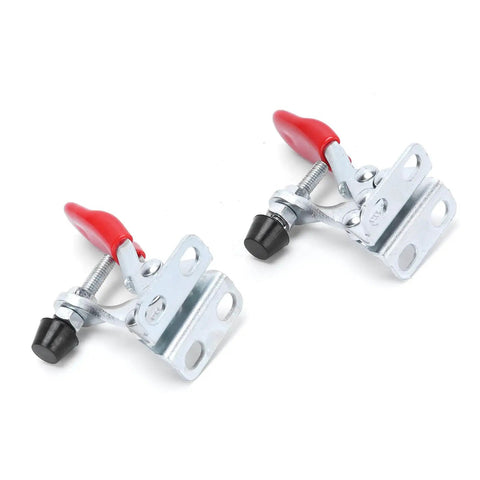 Rock Solid Ergonomic Toggle Clamp Set With Six Point One Lb Holding Power For Secure Woodworking And Welding Projects Hold Down Latch For Jigs And Machine Fixtures Fast Stable Clamping Two Pack showing two metal clamps with red handles