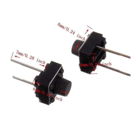 6x6x6 mm Tactile Push Button Switches 2 Pin Momentary Push Button Switches showing size dimensions, ideal for DIY electronics projects.
