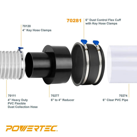 Diagram showing 4 Inch Key Hose Clamp With Thumb Screw Adjustable Beefy Stainless Steel Hose Clamps for dust collection.