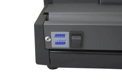 Close-up of control panel on All-In-One Electric Coil Binding Machine With Punch, Inserter And Crimper - 54 Pin, 4x5mm Oval Holes.