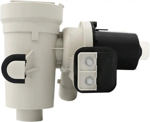 Washer drain pump assembly with white plastic housing and black motor, mounted with a two-bolt bracket.