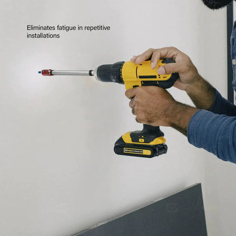 Person using SL 250 Sleeve One Drill Installation Tool Designed For Concrete And Wood Quick Connect Sleeve Eliminates Fatigue In Repetitive Installations