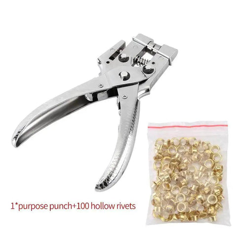 DIY Eyelet Setting Tool Pliers Kit With 100 Gold Grommets shown with ergonomic steel pliers and gold eyelets for crafts and projects.