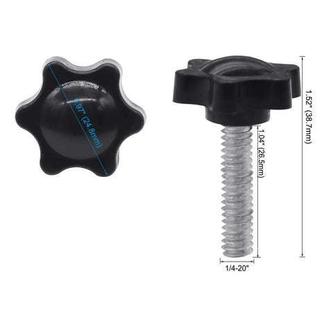 Plastic Star Knob Set For Quarter Twenty Thread 10 Pieces Umbrella Base Clamp, black plastic knob with 1/4-20 thread dimensions.