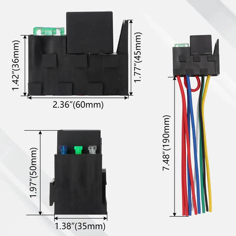 Dimensions of 12V 3 Way Fuse Relay Kit with 5 Pin SPDT 40A Heavy Duty 12 AWG Copper Wires for cars, trucks, marine, boats, and jeeps.