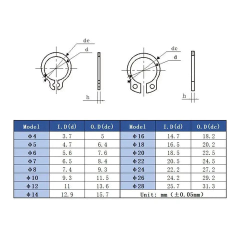 Diagram of External Circlip Snap Ring Assortment Kit 150 Pieces 304 Stainless Steel 4mm to 28mm, showing sizes and dimensions.
